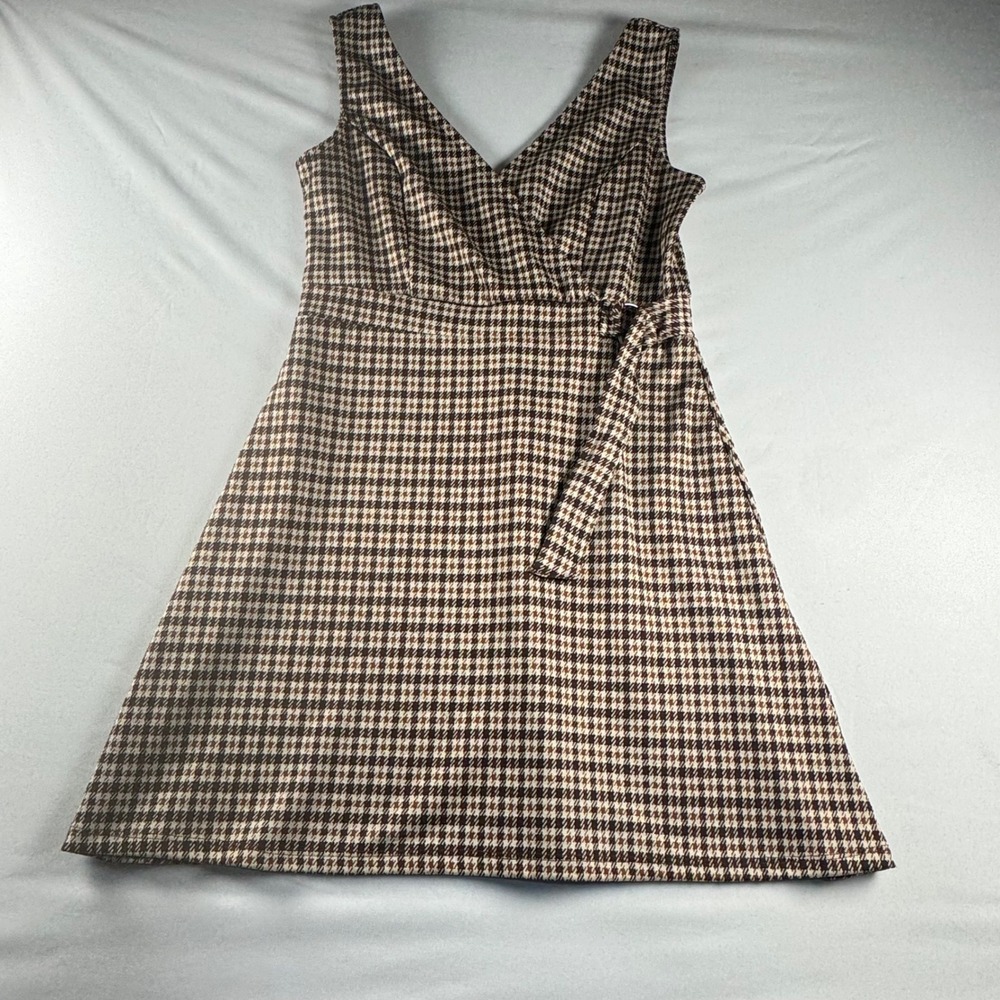 Arizona Jean Co Womens Brown Houndstooth Faux Wrap Sleeveless Mini Dress Size M